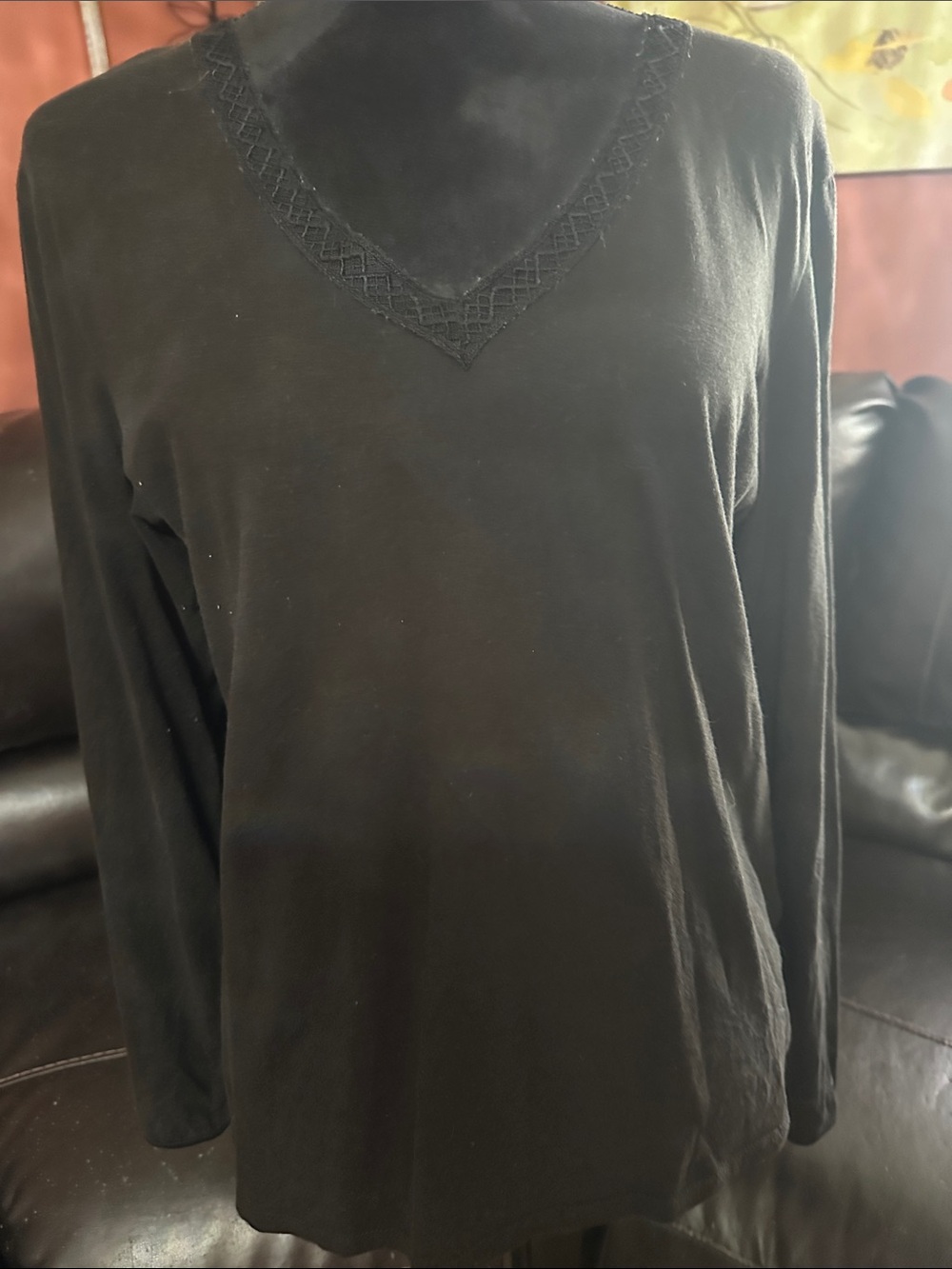 Nautica Black Long Sleeve V-Neck Top with Lace Trim